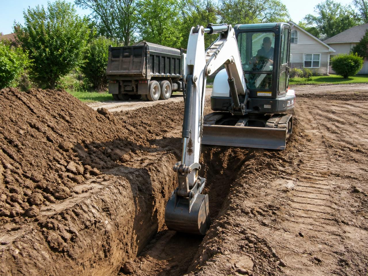 Compact excavator cutting the base trench for a retaining wall on a New Jersey property