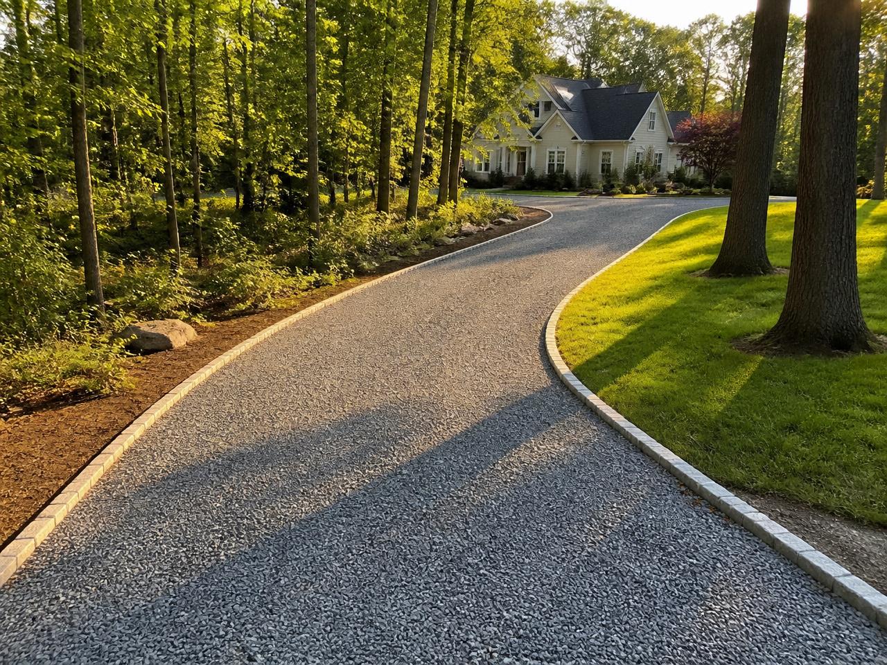 Finished crushed stone gravel driveway with cobble edging curving up to a home in Barnegat, New Jersey