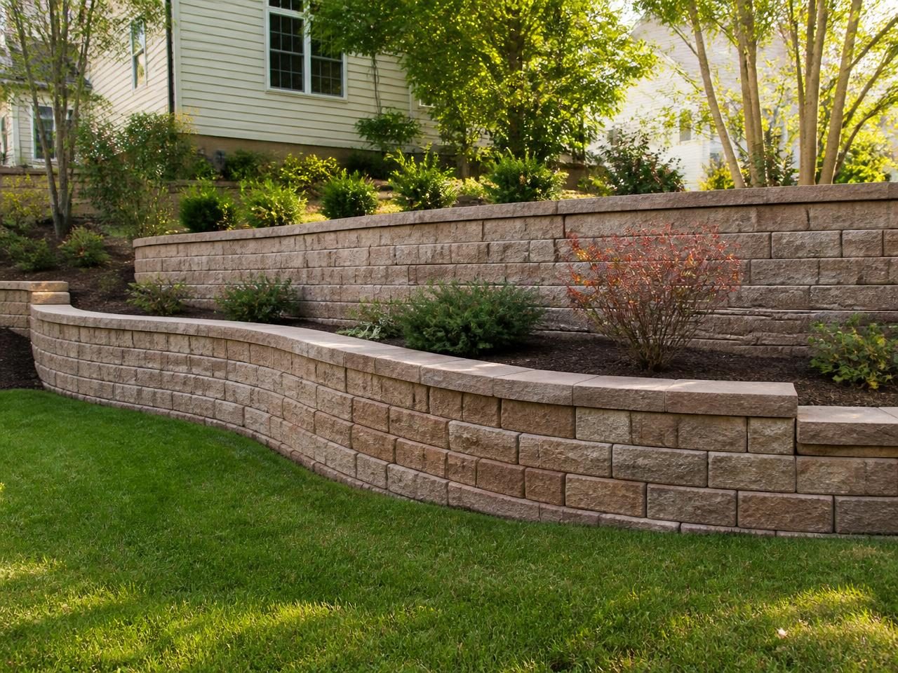 Tiered segmental block retaining wall with capped courses and mulched planting beds on a New Jersey property