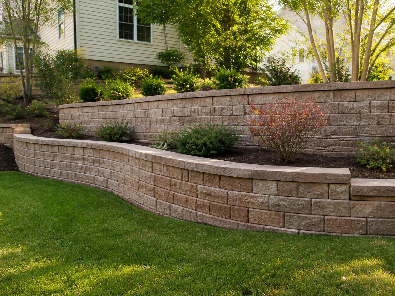Tiered segmental block retaining wall with capped courses and mulched planting beds on a New Jersey property
