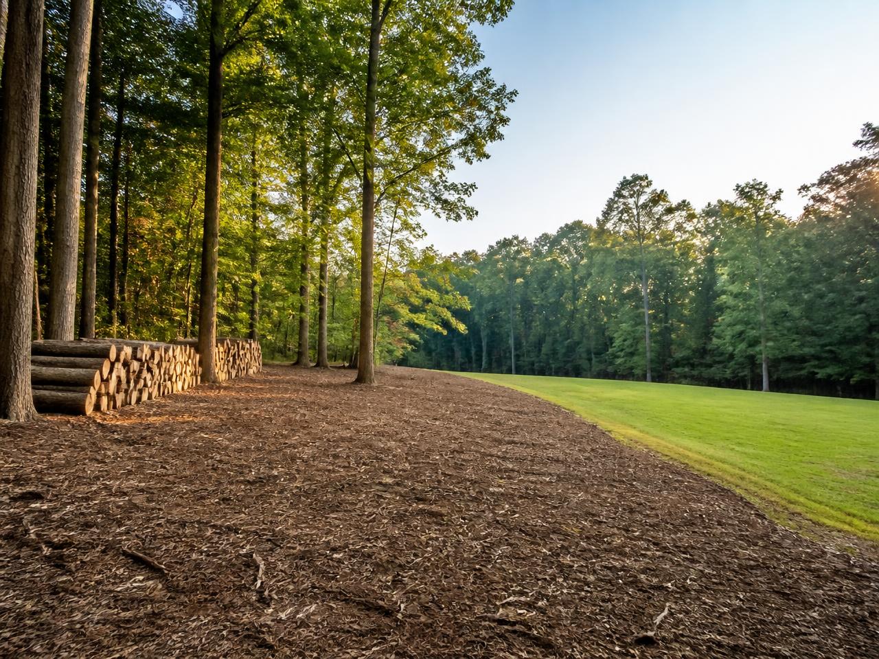 Cleared wooded property edge after tree removal with logs stacked and the ground raked clean in New Jersey